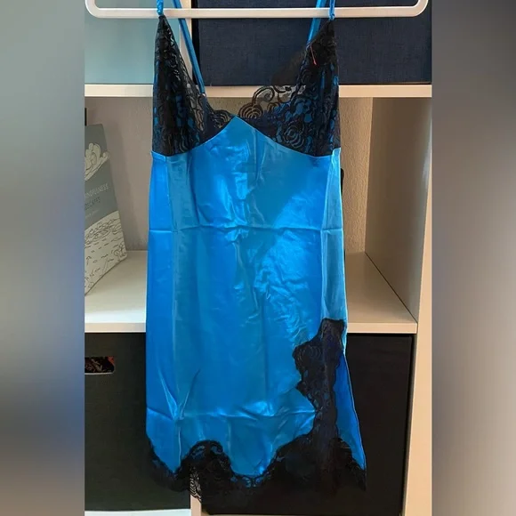 Frederick's of Hollywood Blue Satin Chemise with Black Lace Nightie - Picture 3 of 6